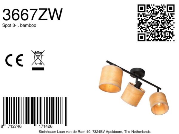 Plafondspot Bambus 3667ZW Zwart 3 lichts met houten kapjes - Afbeelding 7