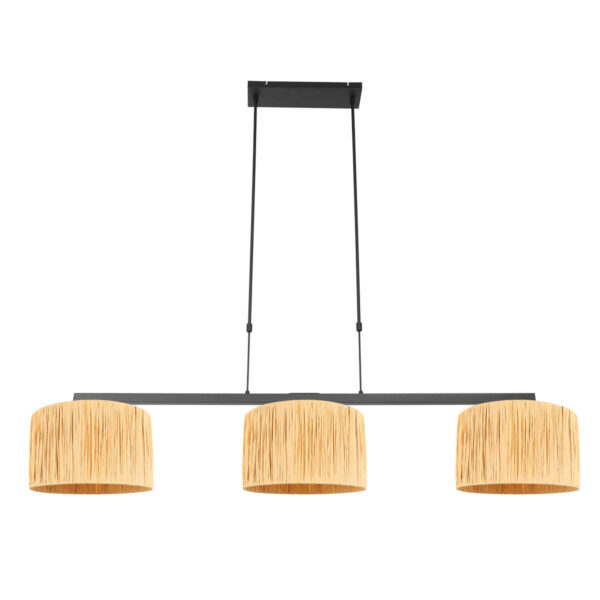 Zwarte 3-lichts hanglamp Stang 3744ZW met blank naturel gras kappen