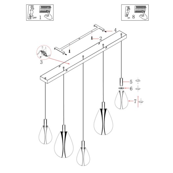 5-lichts Hanglamp 4197ZW – Zwart met Smoke Glas - Afbeelding 8